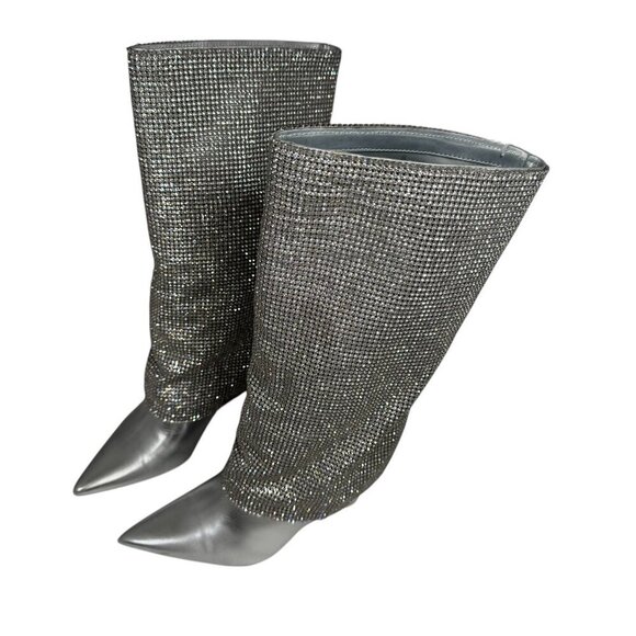 Steve Madden Riski Metallic Leather Rhinestone Foldover Tall Wedge Boots NEW - Picture 5 of 10